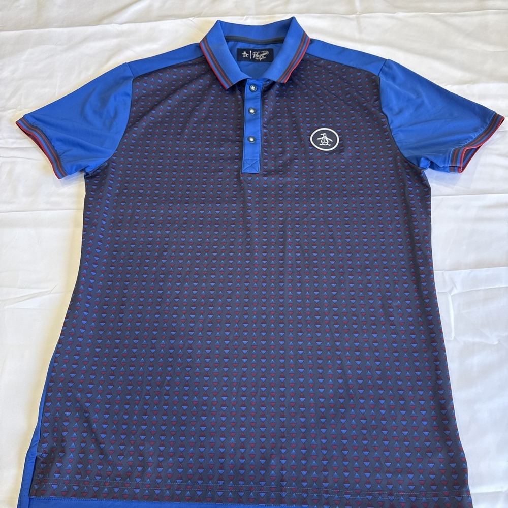 Original Penguin Mens Medium Blue Geometric Polo Performance Stretch Recycled